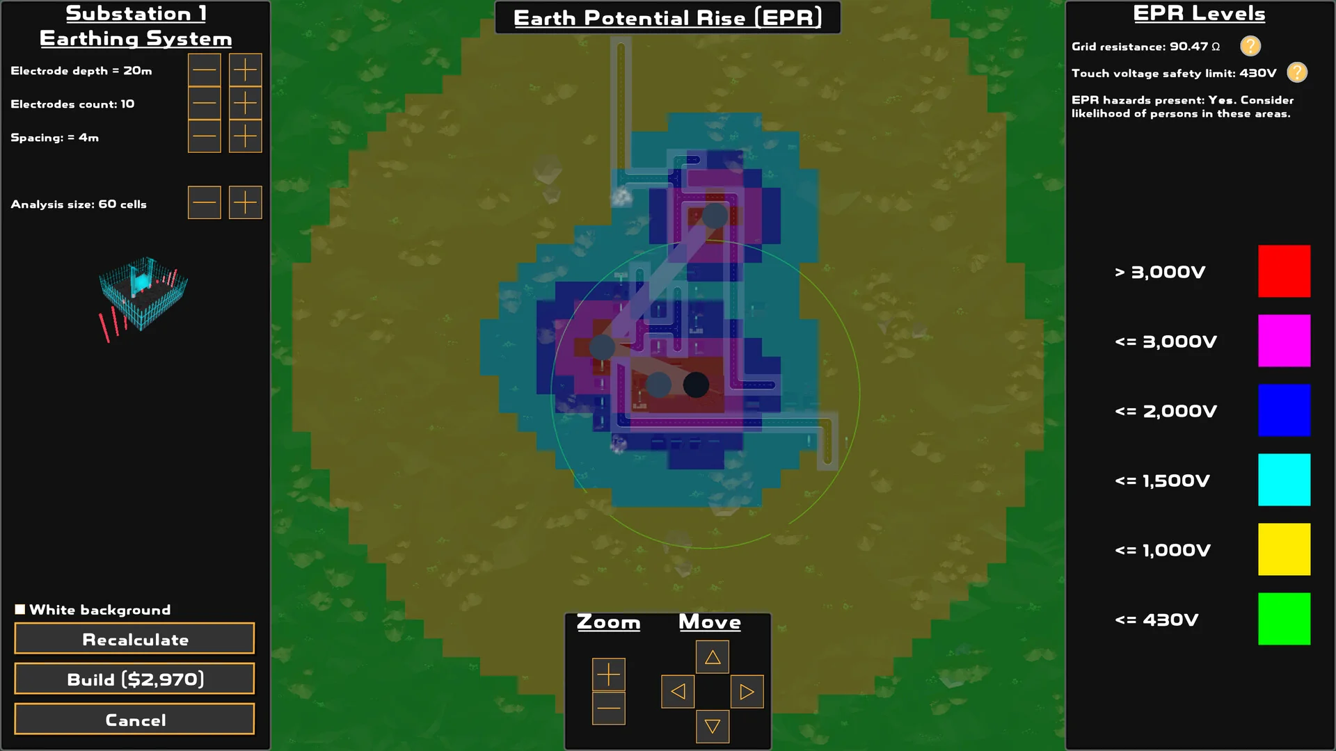 Screenshot of the Earth Potential Rise (EPR/GPR) user interface in Power Network Tycoon