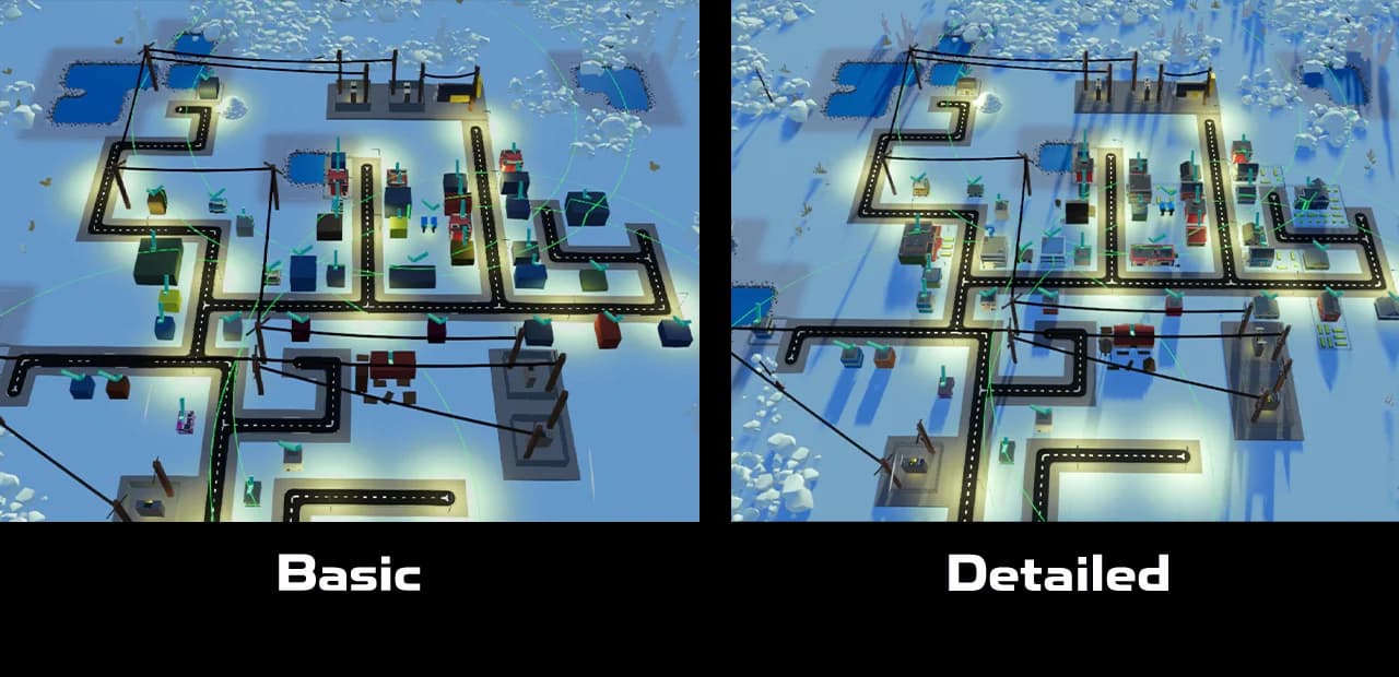 Overhead view of basic and detailed graphics in power network tycoon
