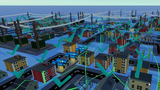 Overhead view of buildings with lights in power network tycoon