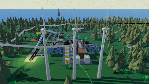 Overhead view of wind turbines in power network tycoon