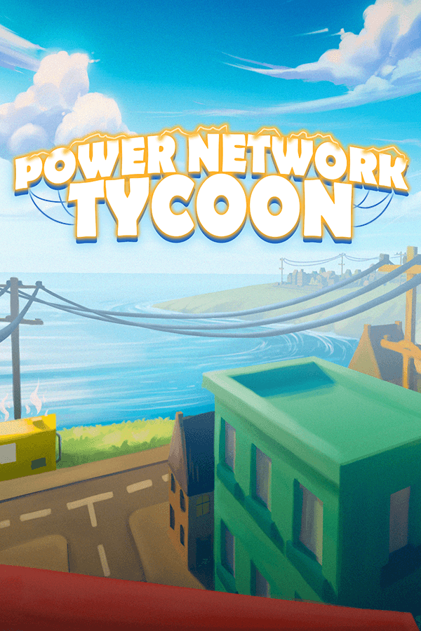 Power Network Tycoon key art with logo, vertical portrait format (600×900 pixels)