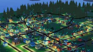 Gameplay screenshot showing power lines over a town - Link to Screenshots page